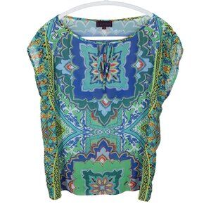 HALE BOB Semi Sheer Medallion Floral Dolman Relaxed Tunic Top Size XS Blue Green